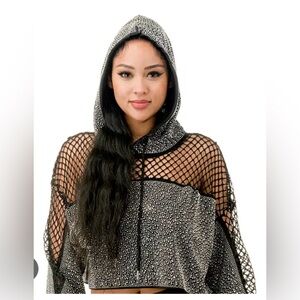 White Mesh Embellished Hoodie